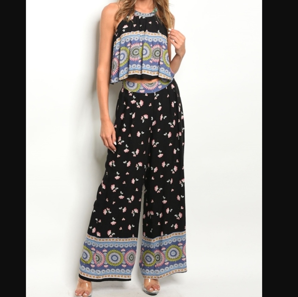 GIGI Two Piece Set Wide Leg Pants & Swing Crop Top Floral Print Sizes S & L NWT